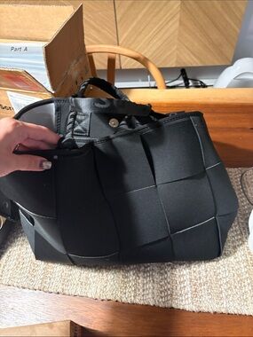 Woven Panel Black Tote Bag - Popups